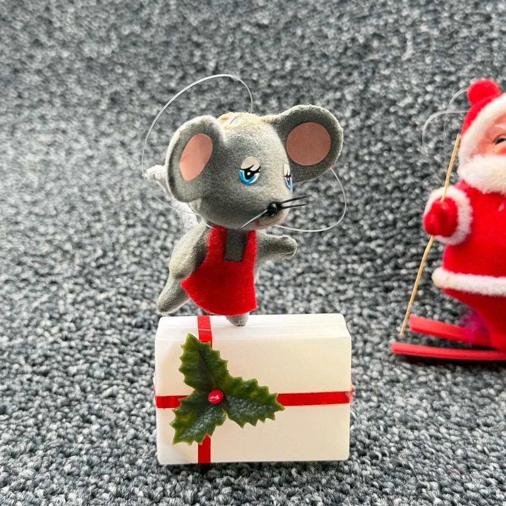 Vintage Flocked Christmas Ornaments Set Santa Skier Reindeer Mouse Mid‎ Century